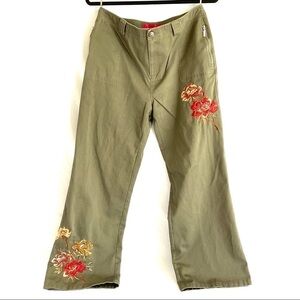 embroidered wide leg jeans army green